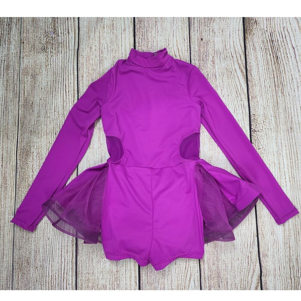 Balera Leotard LC Large/Child Pink Purple Shorts w/ Bustle High Neck Long Sleeve